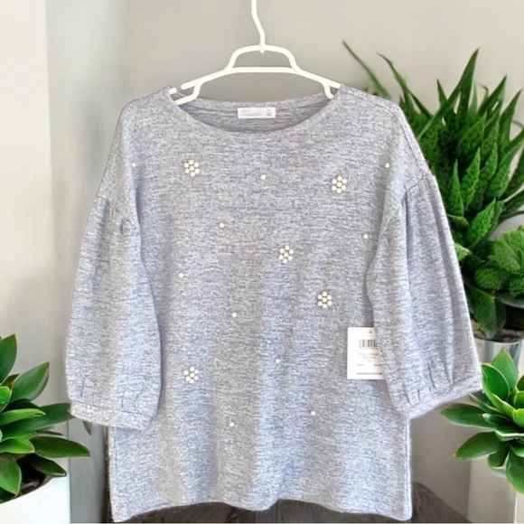 NWT 89th + Madison Artic Blue  Knit Sweater Pearl Embellished 3/4 Ballon Sleeves - Picture 3 of 7